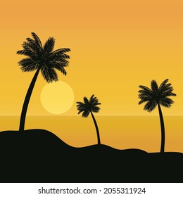 flat vector beach, sunset and clear weather