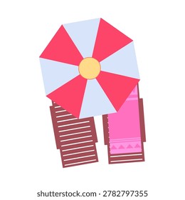 Flat vector beach towels with umbrella illustration. Bright tropical summer vacation scene in modern seaside style.
