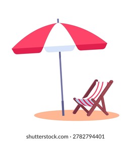 Flat vector beach umbrella with deck chair on sandy shore. Bright summer vacation illustration in modern tropical style.