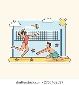 Flat Vector Beach Volleyball Game Scene