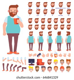 Flat Vector Bearded Man character for your scenes. Character creation set with various views, hairstyles, face emotions, lip sync and poses. Parts of body template for design work and animation.