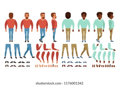 Flat vector of bearded man constructor for animation. Full length back, front and side view. Body parts arms, legs, hand gestures. Collection of shoes and sneakers