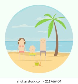 Flat vector of a beautiful and happy family on the beach