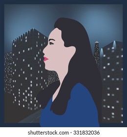 Flat vector of beautiful modern woman with the night modern city behind the window. 