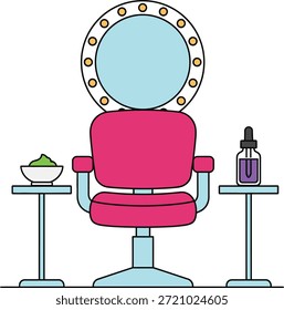 Vector plano de una estación de salón de belleza con sillón rosa, espejo de tocador, cuenco de máscara facial y botella de suero, perfecto para la marca de spa, marketing de cuidado de la piel y promociones de bienestar.

