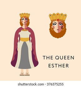 Flat vector bible character for Jewish Religion Holiday Purim, Queen Esther puppet with costume, traditional symbol, The scroll of Esther