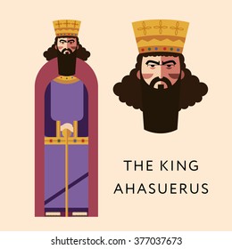 Flat vector bible character for Jewish Religion Holiday Purim, Persian King Ahasuerus puppet with costume, traditional symbol, The scroll of Esther