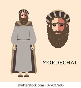 Flat vector bible character for Jewish Religion Holiday Purim, Mordechai puppet with costume, traditional symbol, The scroll of Esther