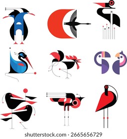 Flat Vector Bird Illustrations with Red, Black, and Blue Accents
