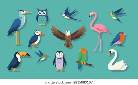 Flat vector birds collection containing owl toucan flamingo penguin swan hummingbird and eagle on a teal background.