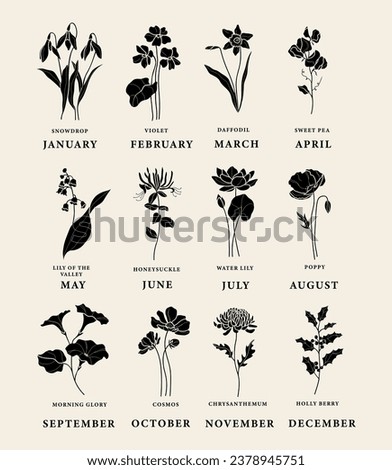 Flat vector birth month flowers set