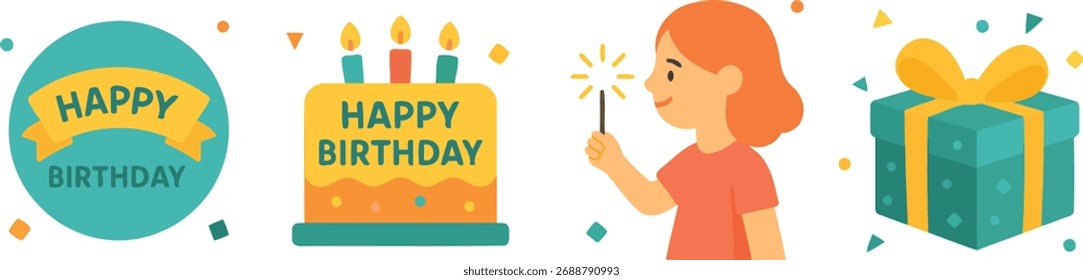 Vector plano de la celebración de cumpleaños con pastel, velas, niña que sostiene la bengala y la caja de regalo; diseño colorido alegre para tarjetas de felicitación, carteles, invitaciones y decoraciones festivas.
