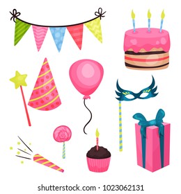 Flat vector birthday party elements. Triangle bunting flags, cake, glossy balloon, lollipop, cupcake, girt box, pipe, cone cap, star and masquerade mask on stick