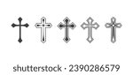 Flat Vector Black Christian Cross Icons Set Isolated on a White Background. Line Silhouette Cut Out Christian Crosses Collection