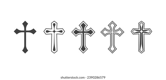 Flat Vector Black Christian Cross Icons Set Isolated on a White Background. Line Silhouette Cut Out Christian Crosses Collection