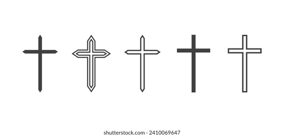 Flat Vector Black Christian Cross Icons Set Isolated on a White Background. Line Silhouette Cut Out Christian Crosses Collection