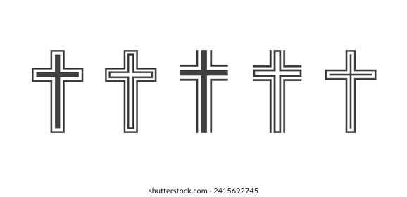 Flat Vector Black Christian Cross Icons Set Isolated on a White Background. Line Silhouette Cut Out Christian Crosses Collection