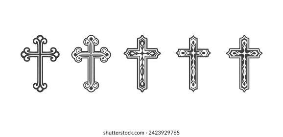 Flat Vector Black Christian Cross Icons Set Isolated on a White Background. Line Silhouette Cut Out Christian Crosses Collection