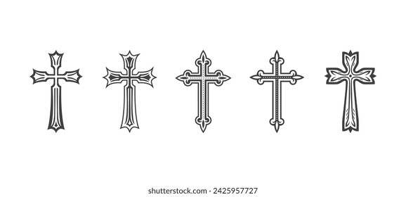 Flat Vector Black Christian Cross Icons Set Isolated on a White Background. Line Silhouette Cut Out Christian Crosses Collection