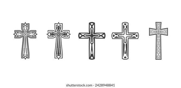 Flat Vector Black Christian Cross Icons Set Isolated on a White Background. Line Silhouette Cut Out Christian Crosses Collection