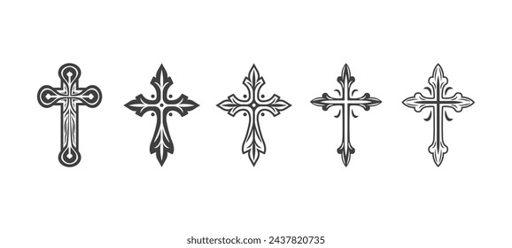 Flache Vektor Schwarz Christian Kreuz Icons Set isoliert auf einem weißen Hintergrund. Line Silhouette Cut Out Christian Crosses Collection