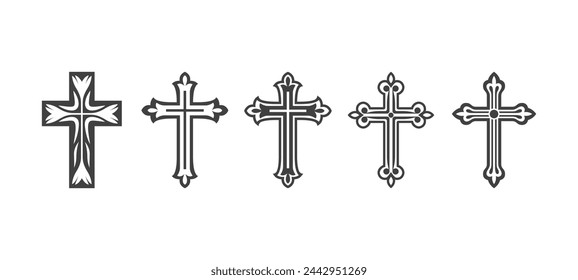 Flat Vector Black Christian Cross Icons Set Isolated on a White Background. Line Silhouette Cut Out Christian Crosses Collection