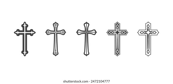 Flat Vector Black Christian Cross Icons Set Isolated on a White Background. Line Silhouette Cut Out Christian Crosses Collection