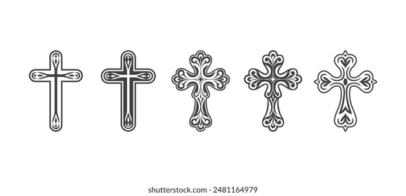 Flat Vector Black Christian Cross Icons Set Isolated on a White Background. Line Silhouette Cut Out Christian Crosses Collection