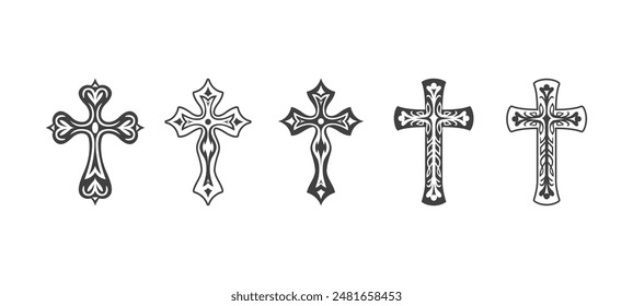 Flat Vector Black Christian Cross Icons Set Isolated on a White Background. Line Silhouette Cut Out Christian Crosses Collection