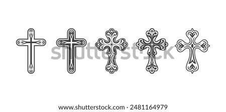 Flat Vector Black Christian Cross Icons Set Isolated on a White Background. Line Silhouette Cut Out Christian Crosses Collection