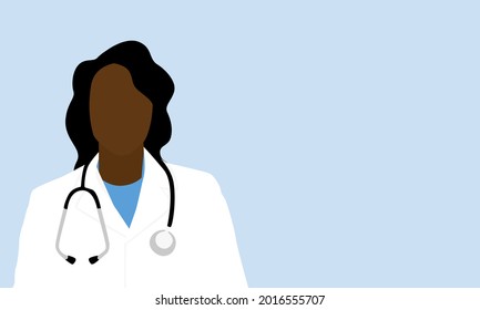 Flat Vector Of A Black Female Doctor Wearing Blue Scrubs, A White Coat And A Stethoscope Around Her Neck. The Woman Is Isolated Against A Light Blue Background With Blank Copy Space For Text Or Images