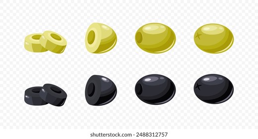 Flat Vector Black and Green Olives Set. Hand Drawn Olive Tree Berry Clipart. Olive Icon Set. Whole, Cut Olives Design Template for Olive Oil Products, Packaging, Food Concept