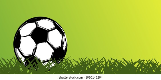 Flat vector black grunge soccer ball with green field. Grungy football. 2020, 2021 Cartoon sport EK, WK pictogram Sports game cup. 
