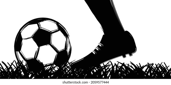 Flat vector black grunge soccer ball withe football shoe. Grungy football shoes. 