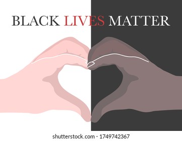 Flat vector Black lives matter. Two hand people make hearts signs. I can’t breathe banner.