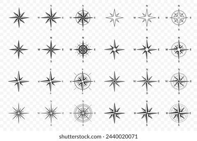Flat Vector Black Monochrome Wind Rose Symbol, Compass Icon, Design Element Set, Isolated