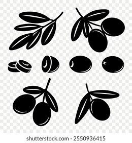 Flat Vector Black Olives and Branch Outline Set. Hand-Drawn Olive Tree Berries and Branch Clipart. Olive Twig with Leaves for Olive Oil Products, Packaging, Food Design Template