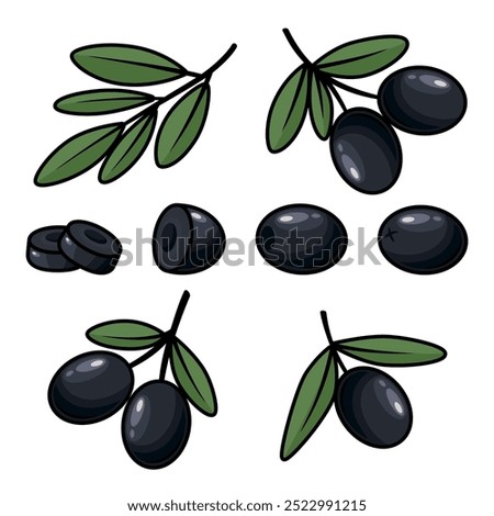 Flat Vector Black Olives and Branch Outline Set. Hand-Drawn Olive Tree Berries and Branch Clipart. Olive Twig with Leaves for Olive Oil Products, Packaging, Food Design Template