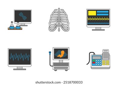 Vector plano con ilustración de contorno negro de dispositivos o equipos médicos en hospitales. Ilustración o iconos médicos y de salud