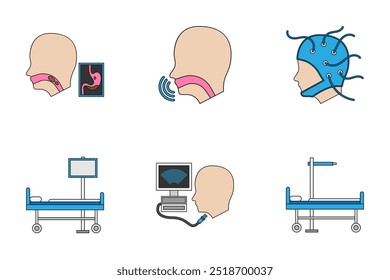 Flat vector with black outline illustration of medical devices or equipment in hospitals. Health and medical illustration or icons