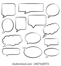 flat vector black outline speech bubbles isolated on white appropriate for comics,  chat cloud, thinking, message, speech, text.