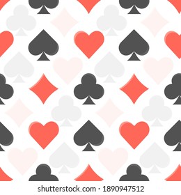 Flat vector black and red colorful seamless pattern with playing cards suits. Diamonds, clubs, hearts and spades texture for leisure activity games design, textile, wrapping paper, background