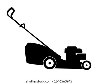 Flat vector black silhouette of four wheeled lawnmower isolated on white background.