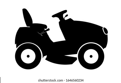 
Flat vector black silhouette of a lawn mower tractor isolated on a white background.