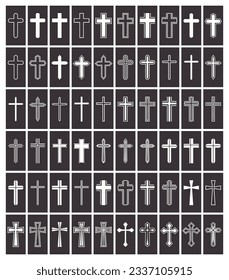 Flaches Vektorsymbol Schwarz-Weiß-Christliches Kreuz. Line Silhouette schneiden Sie Schwarze Christian Crosses Kollektion isoliert.
