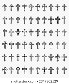 Flat Vector Black and White Christian Cross Icons. Line Silhouette Cut Out Black Christian Crosses Collection Isolated.