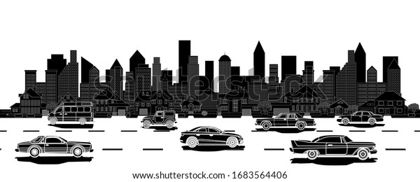 Flat vector black and white illustration of\
urban landscape road with cars, city skyline, office buildings and\
family houses in small town village on background. Traffic on the\
street. Silhouette