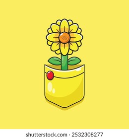 Flat vector blooming blossom bright sunflower cartoon in a shirt pocket. Cute cartoon graphic design concept of yellow sunflower illustration