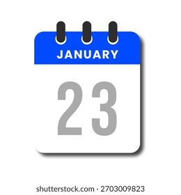 Calendário plano azul vetorial mostrando 23 de janeiro, design limpo moderno para aplicativos de produtividade.