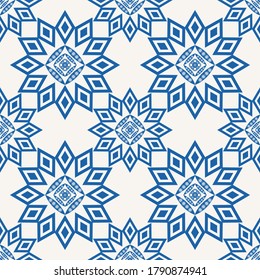 Vector plano de color azul de motivos florales sin fisuras para papel pintado, embalaje, textil y azulejos. Tejido interminable y elegante de corte geométrico contemporáneo abstracto.